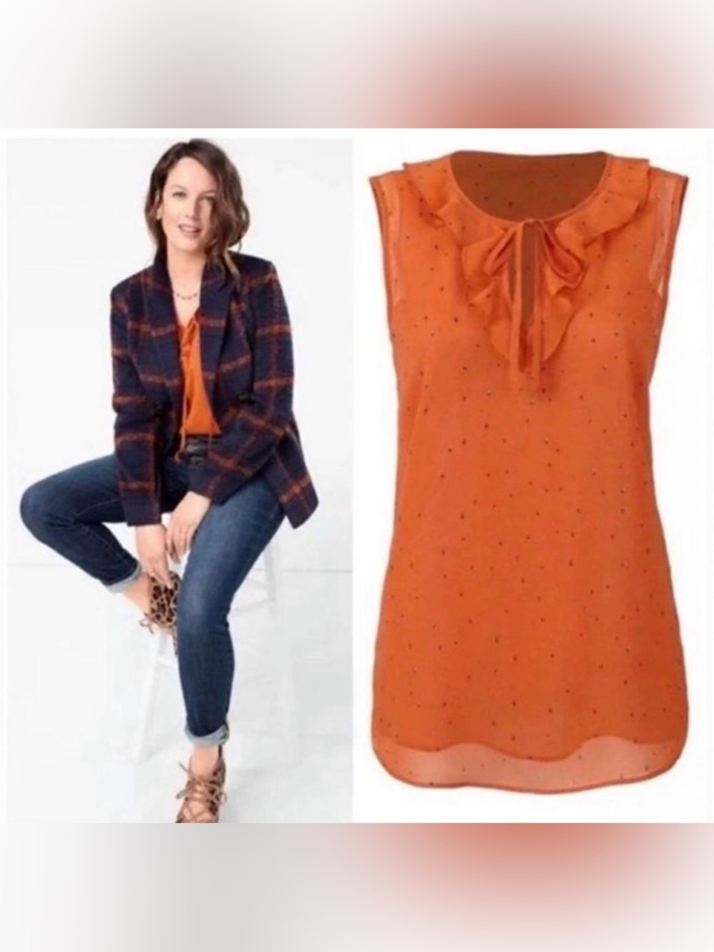 CAbi Orange Ruffle Tie-Neck Sleeveless Top ptp 20